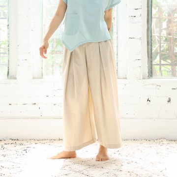 OMAKE 後拉鍊打褶大寬褲 / 棉麻 米白