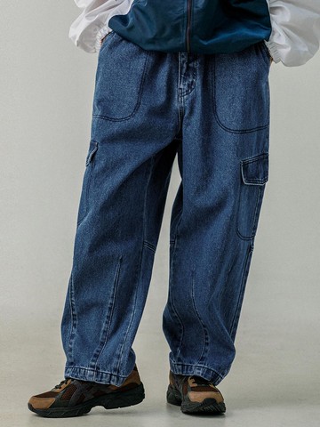 Wide washed denim cargo pants medium blue