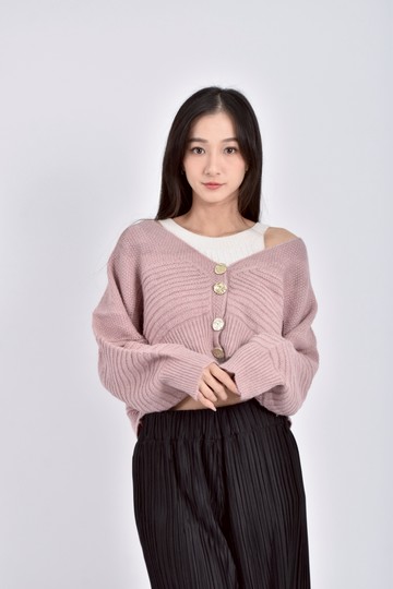 (2XL) cat queen質感針織排扣粉色外套