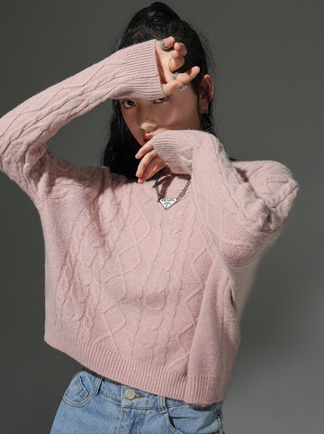 麻花毛衣女春秋季新款寬松短款外穿慵懶風百搭圓領針織衫上衣