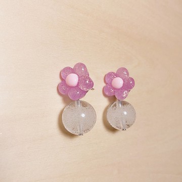 復古紫胖胖花氣泡珠耳環