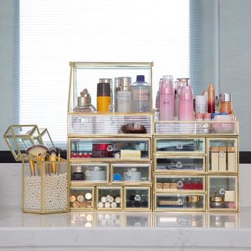 復古金色銅邊透明玻璃化妝品收納盒防塵桌面化妝盒歐式非亞克力