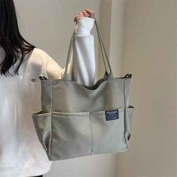 日韓多口袋托特尼龍包袋大容量通勤百搭單肩包外出必備手提
