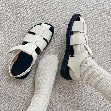 2025年夏季新款方頭鏤空厚底松糕底涼鞋女真皮編織包頭羅馬鞋外穿