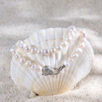 天然白色淡水珍珠項鍊 8-9mm 銀色綠眼豹頭扣 個性奢華 萬聖節禮