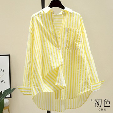 初色 韓版寬鬆條紋通勤長袖襯衫上衣女上衣開衫輕薄外套-共6色-10832(M-3XL可選)