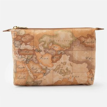 【Alviero Martini 義大利地圖包】尼龍拉鍊收納化妝包25cm-地圖黃