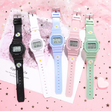 INS獨角獸小雛菊電子表女初中學生小方塊防水夜光鬧鐘日歷星期