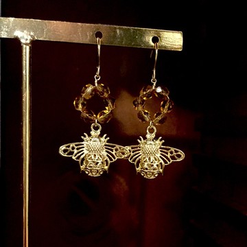 【古董油畫】II。蜂與蜜糖。古董捷克珠。手作復古耳環。