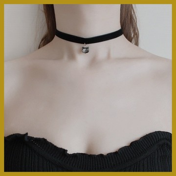 防鏽貝殼黑尖晶石黑天鵝絨貓咪頭像頸鍊 Choker鎖骨鏈