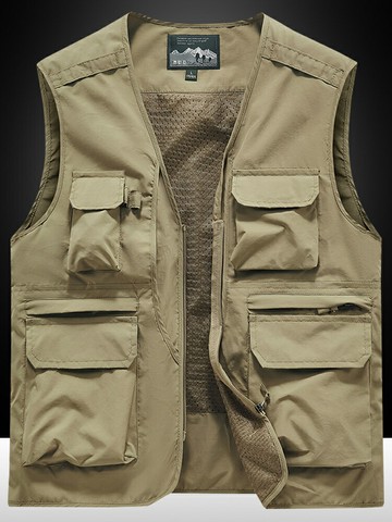 男士大尺碼背心馬甲外套   夏季薄款馬甲男戶外速干多袋短款v領坎肩爸爸寬松大碼旅游馬夾男