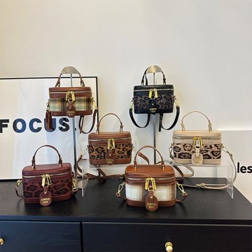 撞色豹紋復古手提盒子小方包包女2024新款毛呢豹紋實用單肩斜挎包