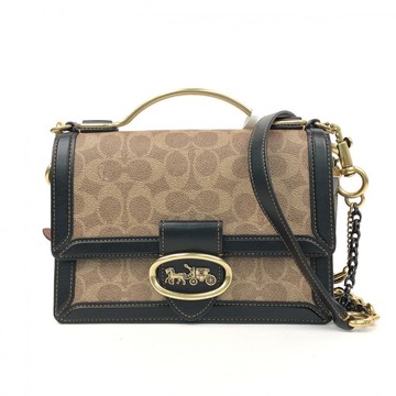 coach棕色經典logo馬車金扣方形手提托特帆布包