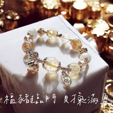 【赫本珠寶】雙子座幸運石🌷福氣小金豬天然黃水晶招財手鍊(招財、人緣、升官發財、平安、偏財、祝福、生日、情人節、畢業)