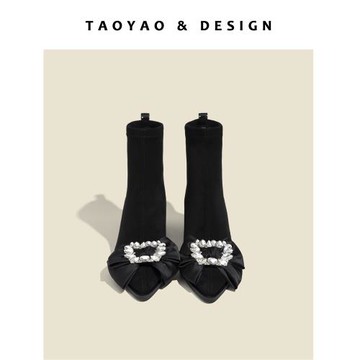 法式蝴蝶結彈力瘦瘦短靴女2025新款網紅百搭氣質水鉆粗跟短筒襪靴