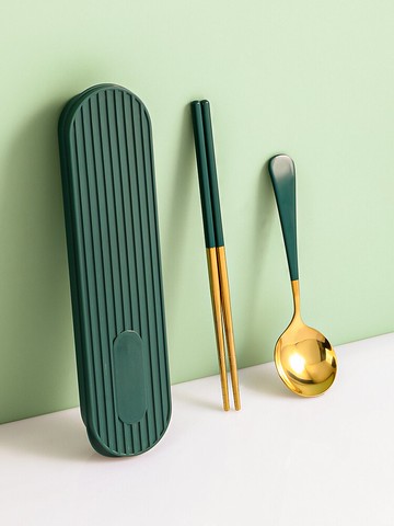 墨色一人用筷子勺子套裝可愛便攜式餐具單人學生三件套兒童收納盒