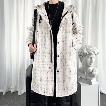男士風衣中長款毛呢大衣秋冬季潮流寬松呢料外套男士披風連帽上衣