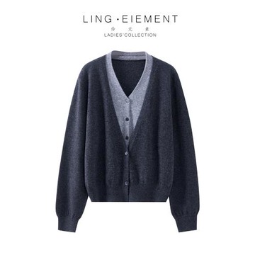 經典假兩件拼色針織V領開衫慵懶風韓版舒適減齡長袖外套女