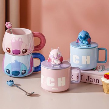 史迪仔水杯迪士尼陶瓷杯子女情侶馬克杯史迪奇帶蓋咖啡杯創意禮品