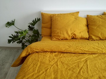 芥末麻套裝/平板+床單+2個枕套/黃色床上用品
