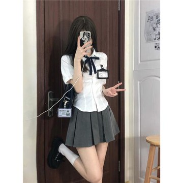 東京原創JK制服純欲收腰緊身襯衫辣妹上衣學院風深灰箱褶裙兩件套
