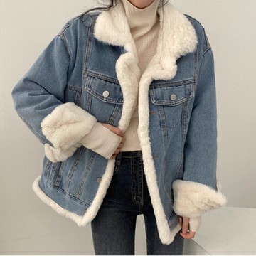 La Belleza韓版兩面穿內裡保暖加絨加厚柔軟仿水貂毛毛側口袋保暖翻領毛毛袖牛仔外套