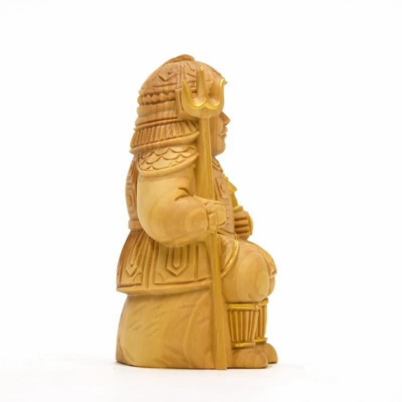七福神　木彫りの面 木彫り仏像 七福神之【毘沙門天】 柘植 金泥付 高さ7.8cm 開運
