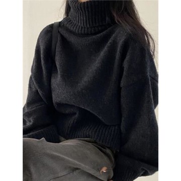 韓國chic冬季減齡復古氣質高領套頭毛衣女百搭寬松慵懶保暖針織衫