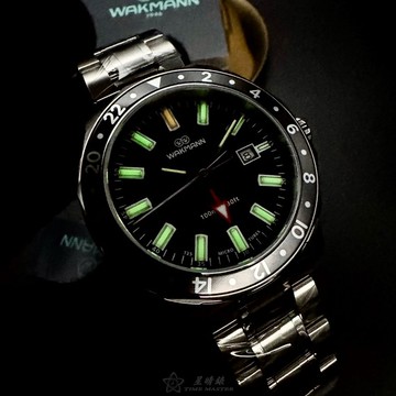 WAKMANN手錶,編號WA00042,46mm銀圓形精鋼錶殼,黑色中三針顯示, 運動, 水鬼錶面,銀色精鋼錶帶款,極致視覺美感!