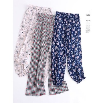 純棉女士睡褲家居褲柔軟春夏薄款空調褲全棉印花寬松直筒褲束口褲