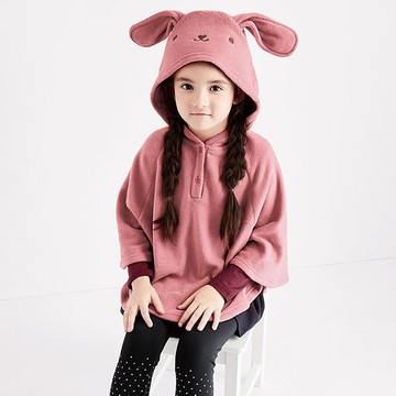 保暖.MIT永續環保材質-Fleece兔子刺繡毛絨連帽斗篷上衣-童裝