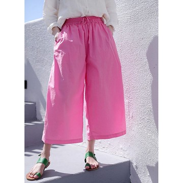 高支高密輕薄柔軟棉松緊腰抽繩寬松闊腿褲