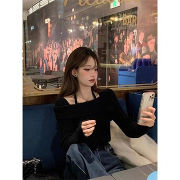 純欲掛脖毛衣女秋冬季2026設計感小眾一字肩打底內搭針織上衣冬季