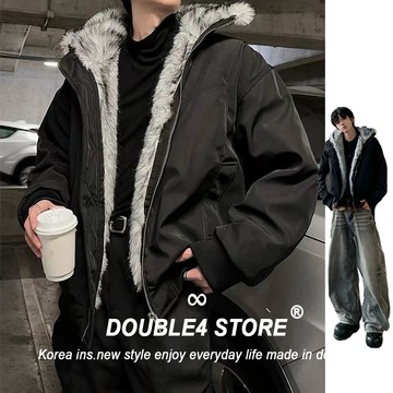【DOUBLE4】防風短版外套男 重磅 座山雕 灰狼毛領 保暖 男女 短版外套 990219