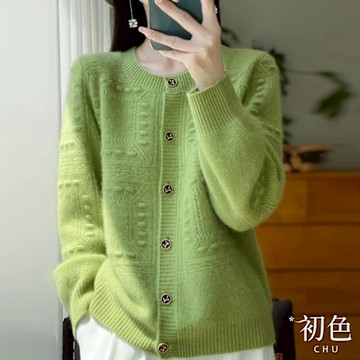 初色 緹花圓領單排釦落肩袖長袖毛衣針織開衫上衣女外套-共8色-11135(F可選)