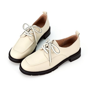 [獨家訂製楦型]全真皮雙色鞋帶大頭厚底牛津鞋(附一般鞋帶) 米白色