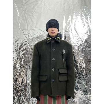 Pointless 24SS 原創簡約時尚高級感百搭叉子翻領羊絨保暖外套男