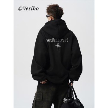 重磅麂皮絨刺繡衛衣男冬季美式潮牌百搭連帽衫高街慵懶風情侶外套