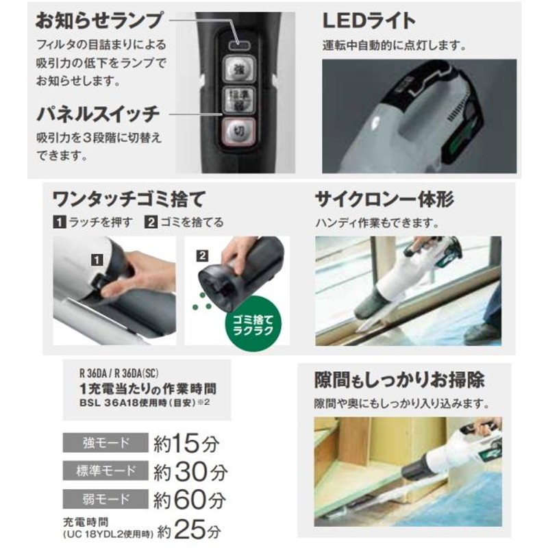 HiKOKI充電クリーナR36DA(SC)(NNY)本体のみ限定カーボングレー＆イエロー 36VバッテリーBSL36A18(2年保証) 充電器UC18YDL2  3点セット | LINEブランドカタログ