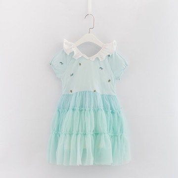 波浪花領漸層紗裙-藍