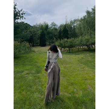 Akimbo ● 松弛旅行 亞麻扎染肌理感直筒褲女 慵懶風寬松闊腿褲子