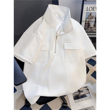 半拉鏈立領Polo短袖衫休閑t恤男夏季新款日系復古潮牌半袖體恤衫