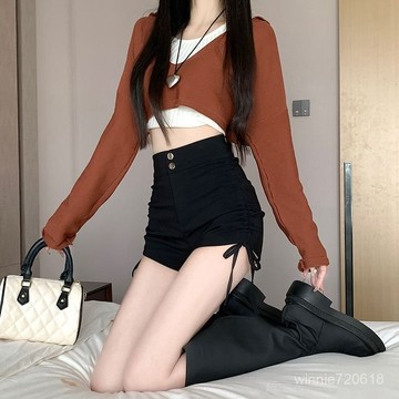 【限時特賣】春夏牛仔短褲  辣妹短褲   休閑短褲[]黑色短褲女2024年春夏季新款高腰辣妹顯瘦彈力抽繩緊身熱褲潮