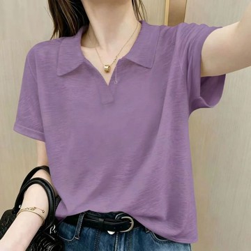 竹節棉夏季新款大碼時尚簡約POLO衫短袖T恤氣質女士顯瘦休閒上衣「樂購」