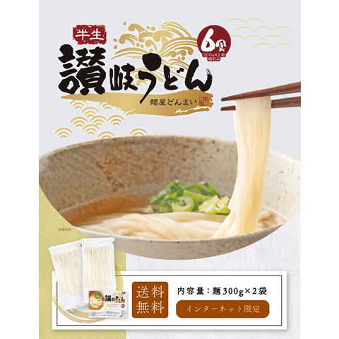 送料無料 半生うどん 6食 （300g×2）麺のみ 讃岐うどん ポイント利用 お試し ポイント消化 讃岐うどん ご当地グルメ 食品 産直 おすすめ ポイント消費 食品 お取寄せ 香川