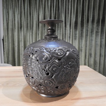 柴燒雙層雕刻祥瑞圖紋茶倉花器