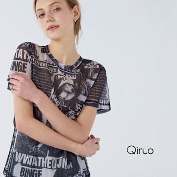 Qiruo 奇若春夏專櫃黑色上衣7070A 短袖裸紗造型