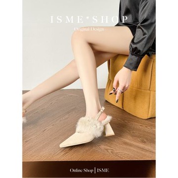 粗跟包頭外穿氣質時尚半拖鞋單鞋女新2024加絨尖頭毛毛鞋法式網紅