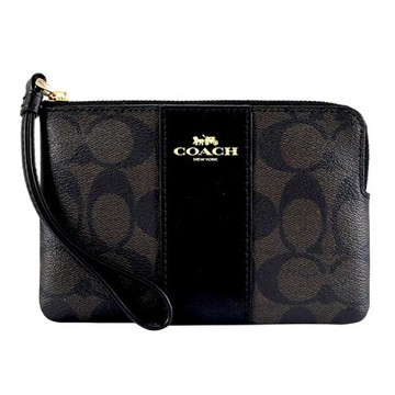 COACH 58035 馬車LOGO條紋皮革零錢手拿包.深咖/黑
