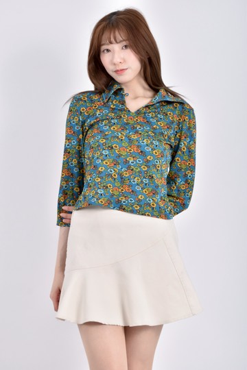(S) up七分花紋藍色長袖上衣